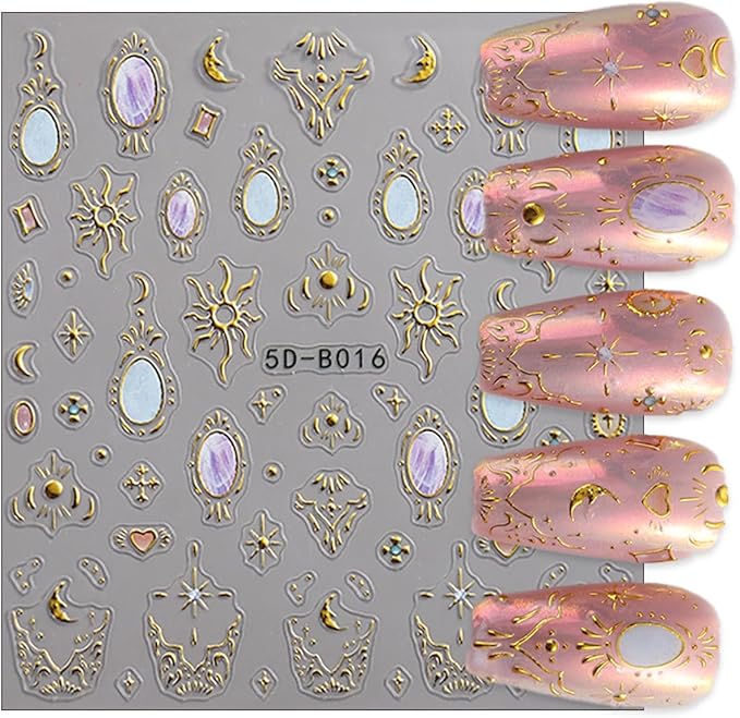 3 Sheets Bohemian Style Nail Stickers 5D Embossed Star Nail Art Stickers Self-Adhesive Heart Moon Sun Nail Decals Bohemia Metallic Nail Designs Accessories Stars Nail Decoration for Women Girls DIY