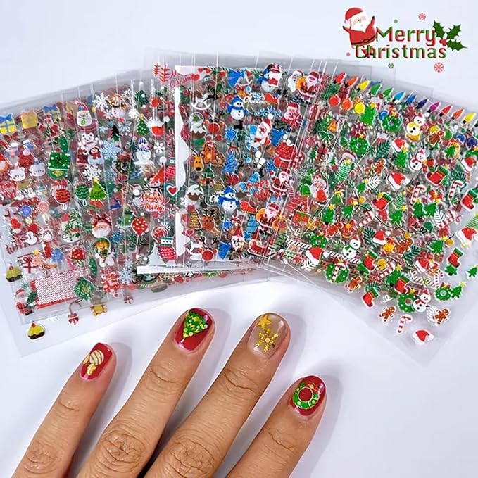 30PCS Christmas Nail Art Stickers Snowflakes Claus Reindeer 3D Self-Adhesive Xmas Nail Decals Nail Art Supplies Xmas Tree Wreath Gingerbread Man Design Christmas Stickers for Holiday Nail Decorations
