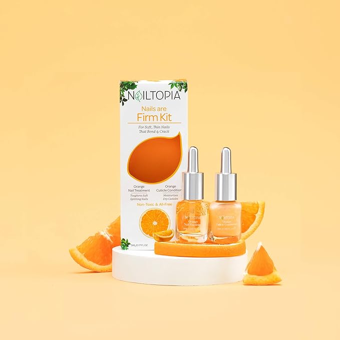 Nailtopia - Nails are Firm Kit, For Soft/Splitting Nails & Dry Cuticles - Plant-Based, Non Toxic, Bio-Sourced - Conditioning and Strengthening Superfood Treatment - Orange Extract (Clear) - 2 Pc