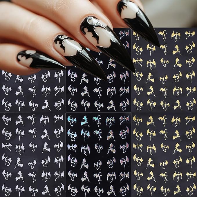6 Sheets Halloween Bat Nail Stickers for Nail Art Glitter Laser Gold Silver Nail Decals 3D Self-Adhesive Gothic Dragon Nail Design Stickers Holiday Nail Art Supplies for Women DIY Women