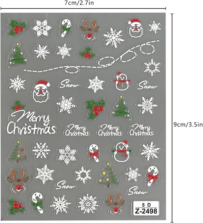 5D Embossed Christmas Nail Stickers Self Adhesive Christmas Nail Art Stickers Snowman Snowflake Nail Decals Winter Nail Design Santa Claus Nails Supplies for Women Girls 2 Sheets