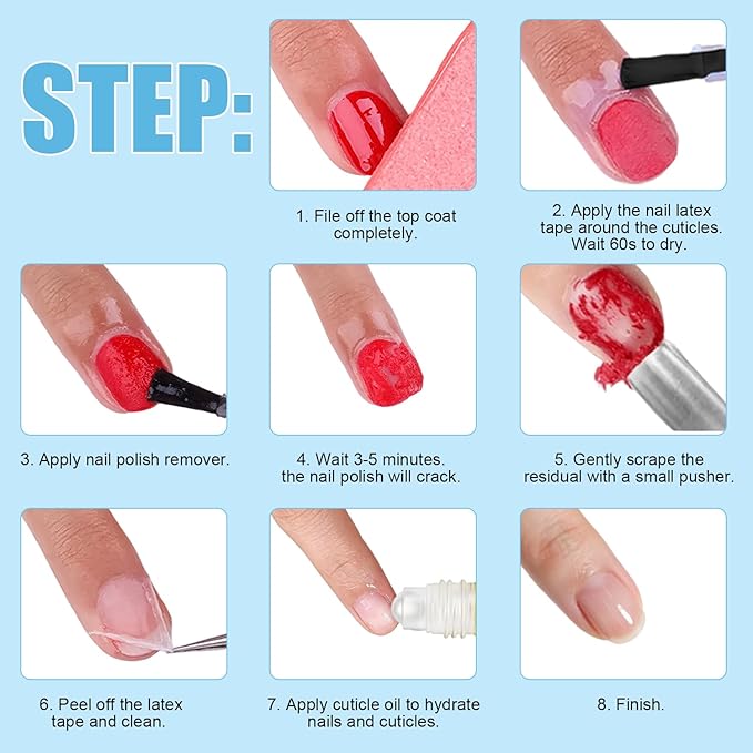 Gel Nail Polish Remover Kit, 15ml Quick Gel Remover, Nail Latex Tape & 8ml Cuticle Oil with Vitamin E & Jojoba Oil, Fast & Easy Removal in 3-5 Mins, Includes Nail Tools (Remover&Latex&Oil)