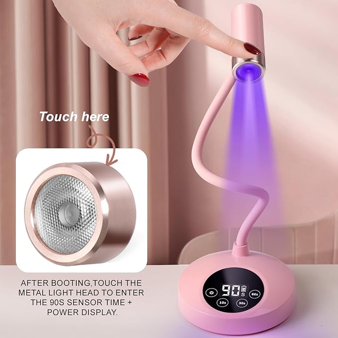 AORAEM UV LED Nail Lamp, Rechargeable Gooseneck Lamp for Gel Nails 12W Quick Dry LED Nail Light Nail Dryer with 4 Timers & Auto Sensor, Professional Flash Cure Light for Gel Nails Home DIY Pink