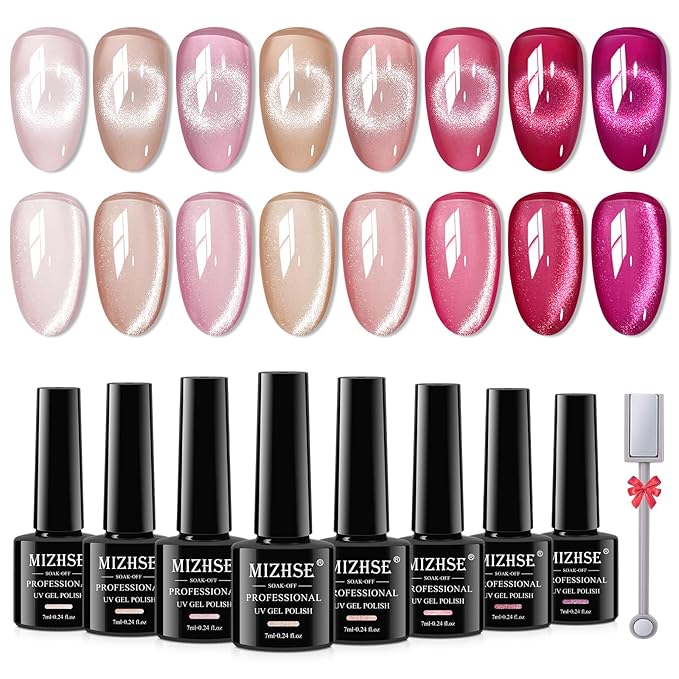 MIZHSE Cat Eye Gel Nail Polish, Neon Pink Magnetic Gel Polish Set with Magnet Stick, Crystal Smoothie Nude Hot Pink Cateye Effect Soak Off Nail Art Gift for Ladies