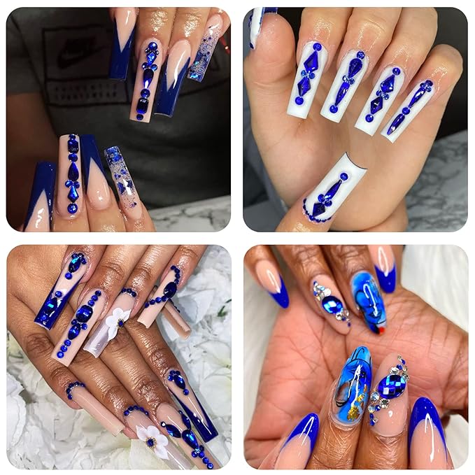 Nail Art Rhinestones HUETFAT 2400 Pcs Flatback Rhinestones Gems Stones Round Crystal Royal Blue 6 Sizes (1.9-4.5 mm) with Storage Organizer Box Wax Pencil Tweezers for Nail Art craft(Sapphire)