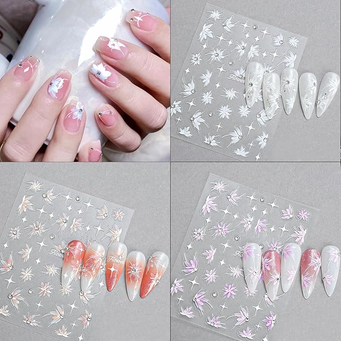 5D Embossed Snow Mowing Nail Art Stickers White Semitransparent Self Adhesive Diamond Flower Nails Stickers Spring Flower Nails Decals Floral Nails Supplies for Women Nail Art Decorations 3PCS