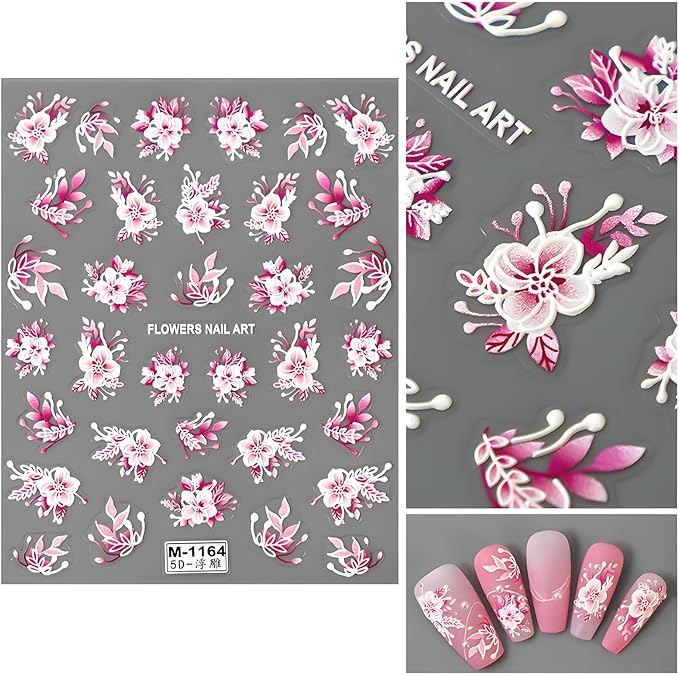 Pink Flowers Nail Art Stickers 5D Embossed Self Adhesive Nail Decals Spring Summer Nail Stickers for Nail Art Flower Nail Design Decoration Accessories for Women and Girls