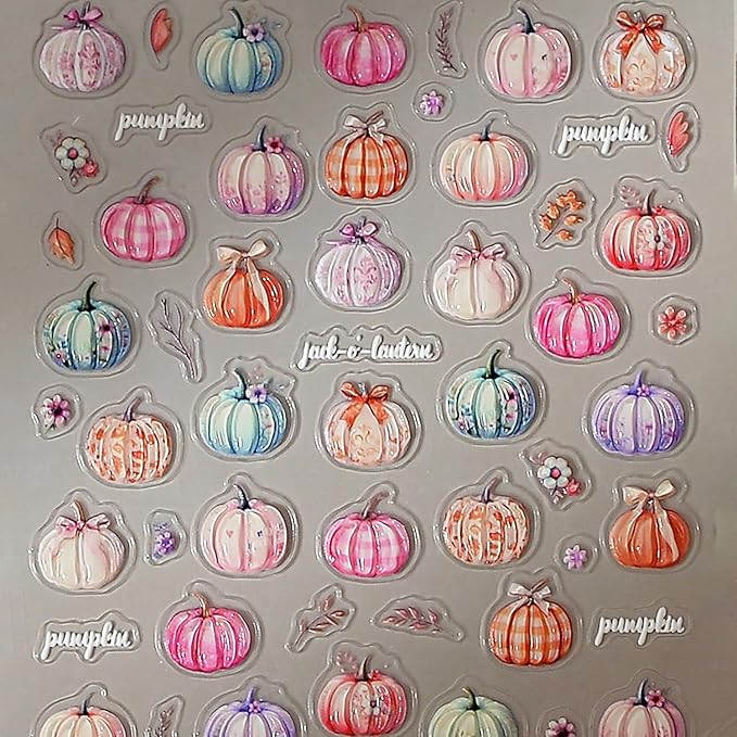1 Sheets Fall Nail Decals for Nail Art 5D Self-Adhesive Embossed Pumpkin Nail Art Stickers Autumn Colorful Pumpkin Nail Stickers Thanksgiving Nail Design Sticker with Cute Small Flower for Women