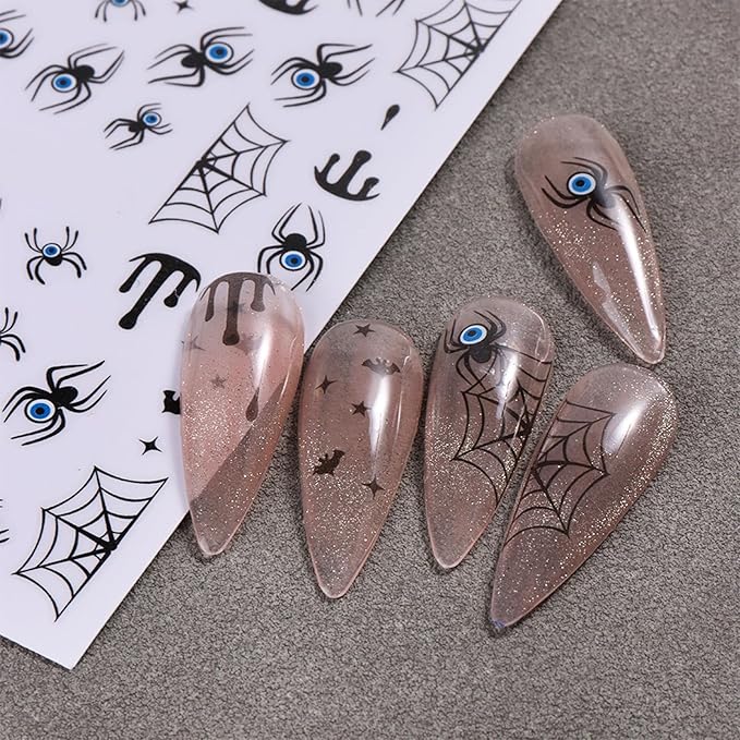 6 Sheets Halloween Nail Stickers 3D Self-Adhesive Scary Eyes Spider Ghost Nail Art Stickers Holiday Nail Decals Bloody Spiderweb Black Ghost Bats Nail Supplies for Women DIY Holiday Nail Decoration