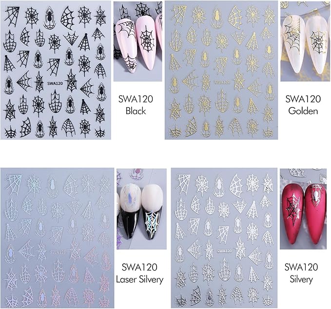 4Pcs Halloween Nail Stickers 3D Spider Web Nail Decals DIY Self Adhesive Cobweb Nail Design Halloween Nail Decoration Supplies Holiday Manicure Accessories for Women Girls