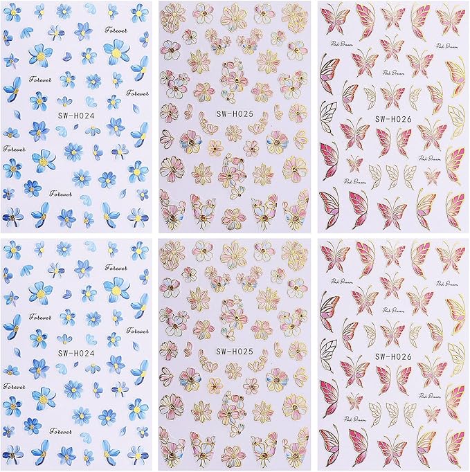 6Sheets Flower Nail Art Stickers 3D Self-Adhesive Nail Sticker Butterfly Nails Art Decals Holographic Floral Butterfly Nails Decal Decoration for Women Blue Blossom Manicure DIY Nail Supplies