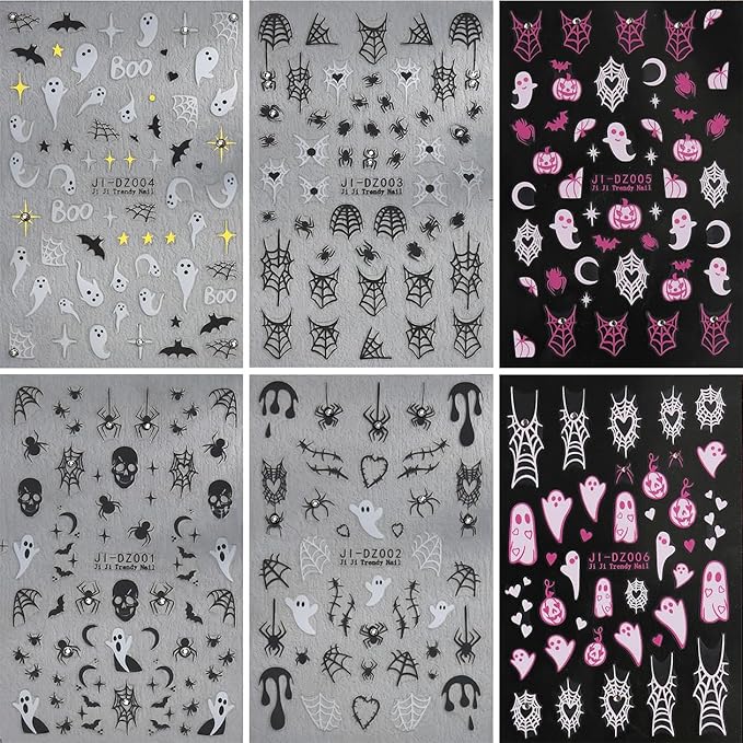 Halloween Nail Stickers for Nail Art Kit - 6Sheets Cute Ghost Nail Decals 3D Self-Adhesive Horror Skull Spider Web Bat Pumpkin Star Moon Designs DIY Nail Art Tips Nail Supplies for Halloween Party