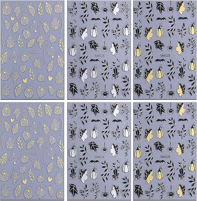 6 Sheets Halloween Nail Art Stickers 3D Self -Adhesive Pumpkin and Leaves Nail Decals Holographic Spider Bat Nail Stickers Halloween Nail Decoration for Women Manicure Supplies