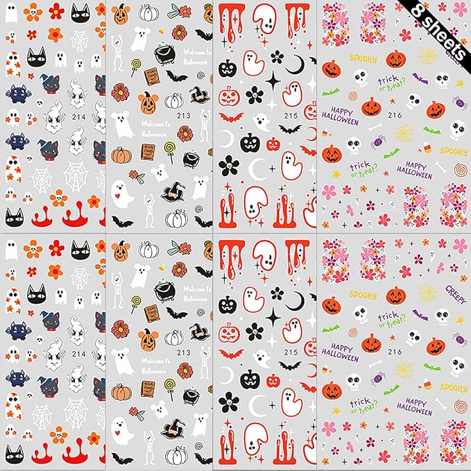 8 Sheets Halloween Nail Art Stickers - Cute Ghost Pumpkin 3D Self Adhesive Decals - Glitter Flower Spooky Design Gothic Bat for Women DIY Manicure Supplies