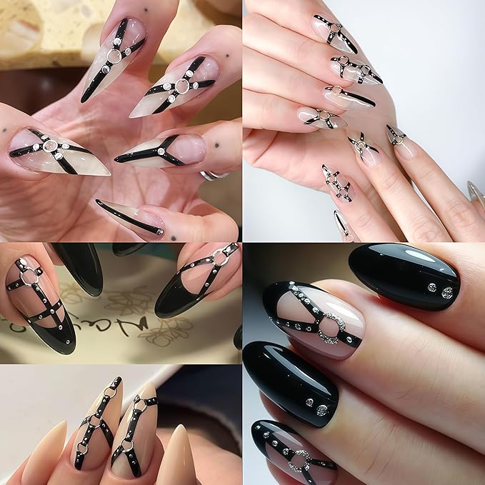2 Sheets Black Punk Belt Nail Stickers Decals Y2K Relief Punk Nail Art Stickers 5D Embossed Leather Belt Nail Decals Black Silver Goth Belts Pink Bow Nails Design Nail Supplies for Women Manicure