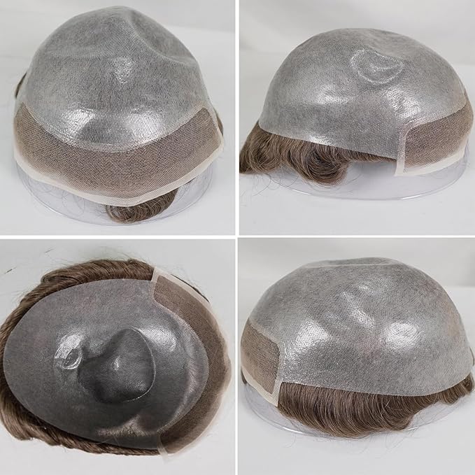 Human Hair Toupee for Men 10x8 Inch,European Human Hair Lace Front Natural Hairline Hair Pieces with 0.06mm Thin Skin PU V-looped Men's Hair Replacement System (#7 color,100% human hair)
