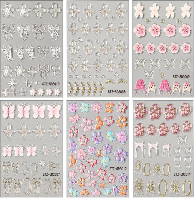 6 Sheets Flower Nail Art Stickers 5D Self-Adhesive Nails Sticker Floral Butterfly Nail Art Decals Holographic Decal Decoration for Women Golden Bow Manicure Stickers DIY Nail Sticker Supplies