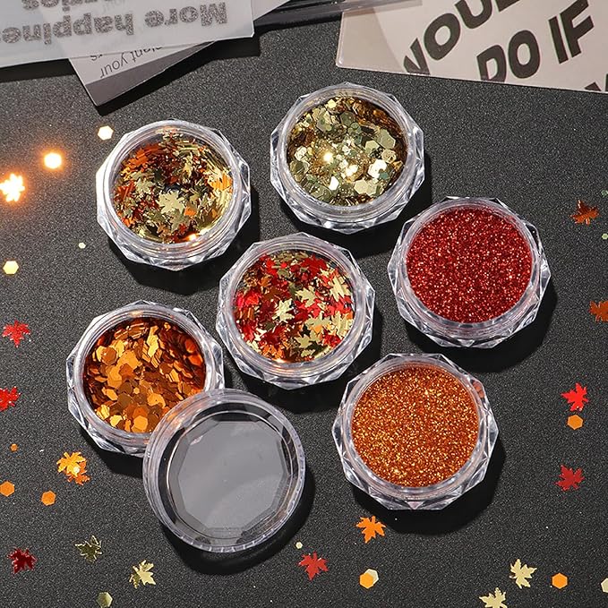 Thanksgiving Fall 3D Maple Leaf Nail Art Glitter Sequins, Mixed Red & Orange Nail Glitter Powder Polygons Sequins Fall Nail Decals for for Women Nail Decorations Supplies DIY Manicure Accessories