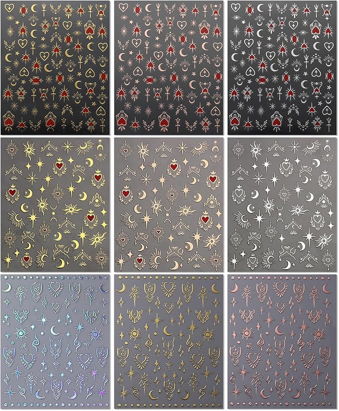 9 Sheets Gold Heart Nail Art Stickers - Valentines Day Self-Adhesive 3D Nail Decals for DIY Golden Silvery Manicure