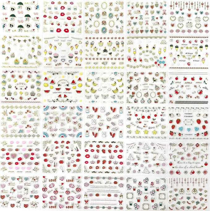 30 Sheets Valentine Nail Stickers: 3D Self-Adhesive Red Heart Designs, Rose Lip Bow, Valentine Decals & Supplies