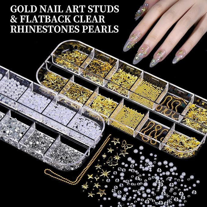 FANDAMEI Nail Charms, 8-Box Nail Charms and Gems, Fruit Bow Hawaii Flowers Petals 3D Nail Art Charms Bulk, Colorful Bubble Beads Nail Rhinestones, Gold Studs Flatback Nail Pearls for DIY