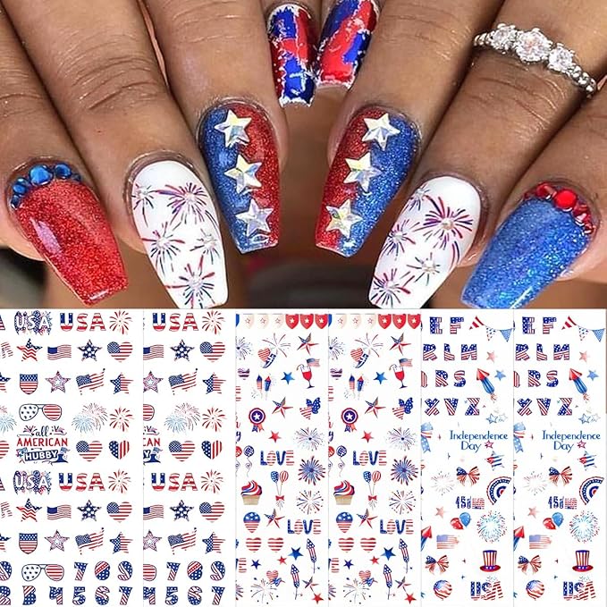 6 Sheets 4th of July Nail Stickers for Nail Art 3D Self-Adhesive Independence Day Nail Decals Star Heart American Flag Nail Design Stickers Patriotic Nail Decor for Women Holiday Nail Art Supplies