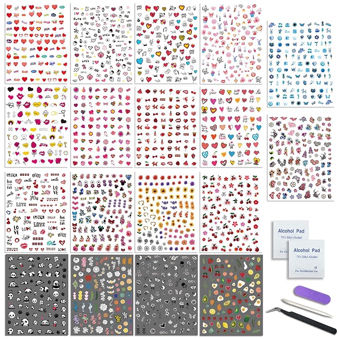 Nail Art Stickers for Women Girls Kids, 18 Sheets Acrylic Decals with Tweezers, Heart Sunflower Fruit Panda Lips Designs, Self-Adhesive Waterproof Nail Decoration
