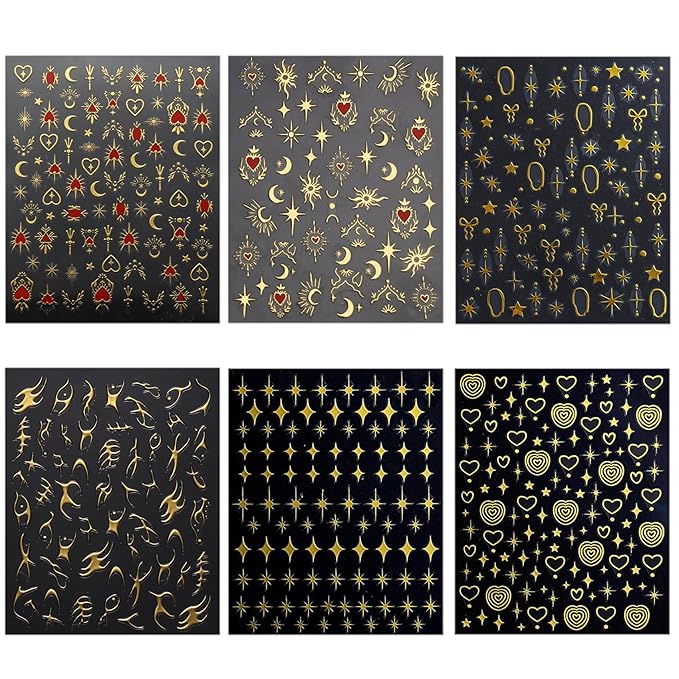 Gold Heart Nail Art Stickers - Valentines Day Star Self-Adhesive 3D Nail Decals for DIY Golden Manicure (6 Sheets)