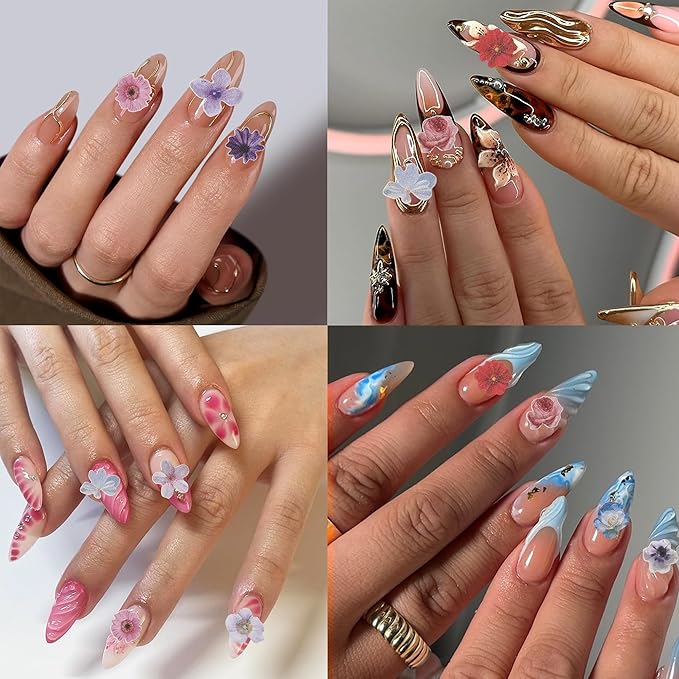 300Pcs 3D Flower Nail Art Charms Sequins Decals Colorful Mixed Flowers Leaves Design Slice Nail Flowers Ultra Wood Pulp Flakes Sequins 4
