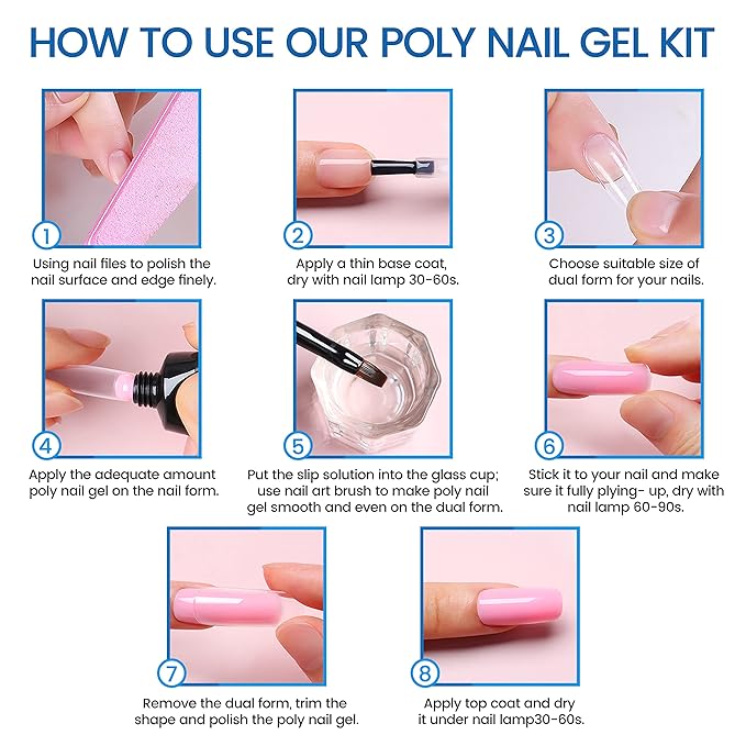Clear Poly Nail Gel Kit Nail Builder Gel Nail Extension Poly Gel Nail Nail Art Design Poly Nail Gel Colors with Nail Brush 40pcs Dual Form for Nails Kit for Home and DIY (30ml/1fl.oz)