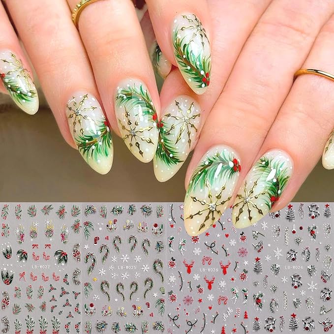 4Sheets Christmas Nail Art Stickers 3D Embossed Xmas Tree Elk Nail Decals for Acrylic Nails Self-Adhesive Holly Leaves Designs Nail Stickers Snowflake Star Nail Decal for Women Festive Manicure Decor