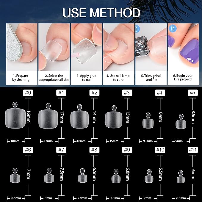 UNA GELLA Toe Nail Tips 216Pcs Short Square False Soft Gel Full Cover Fake Toe Nails Matte Toe Nails 12 Sizes Pre-shape Fake Toenails Gel Toe Nail Tips For Nail Extension Home DIY Nail Salon