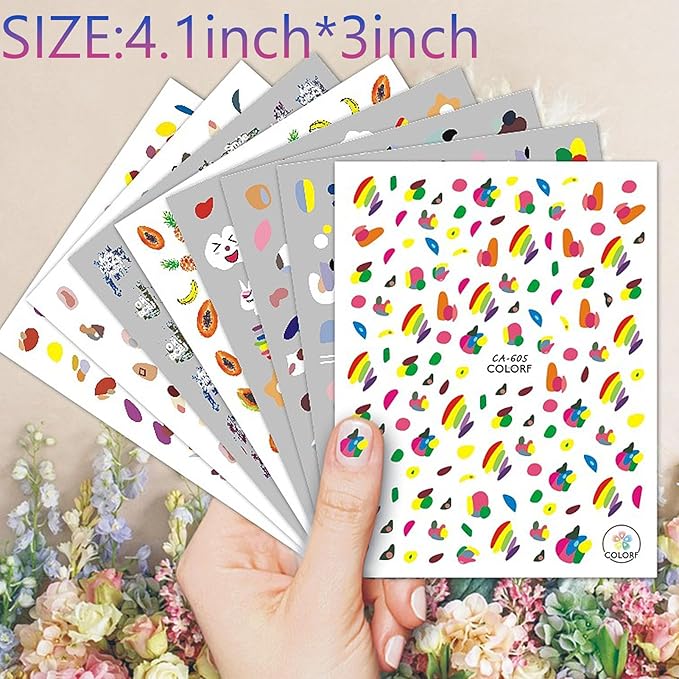 8 Sheets Geometry Summer Nail Stickers for Girls,Fruits Nail Decals 3D Self-Adhesive Kids Flower Nail Stickers Little Rainbow Design Holiday Decals for Women