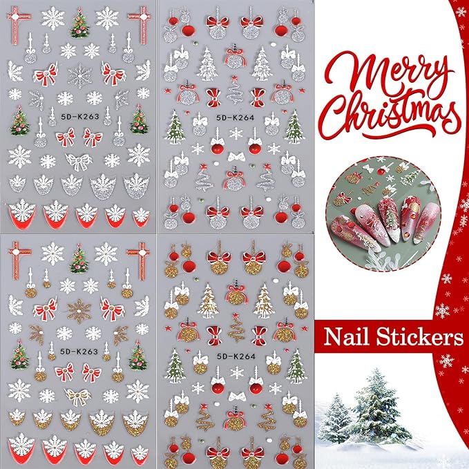 5D Christmas Nail Art Stickers Glitter Snowflakes Nail Decals Red Bells Christmas Tree French Nail Design Self Adhesive Stickers for Women Girls DIY Nail Art Decoration (Gold Silver)