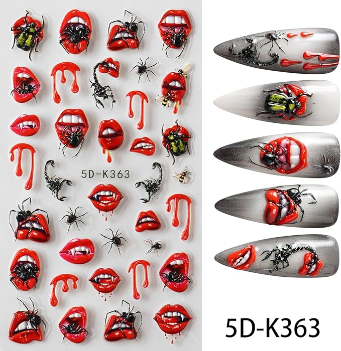 2 Sheets Halloween Nail Art Stickers 5D Embossed Horror Ghost Nail Stickers Big Red Lips Pumpkin Devil's Flame Eye Bat Design Terror Spider Mummy Nail Decals for Women Acrylic DIY Nail Decorations