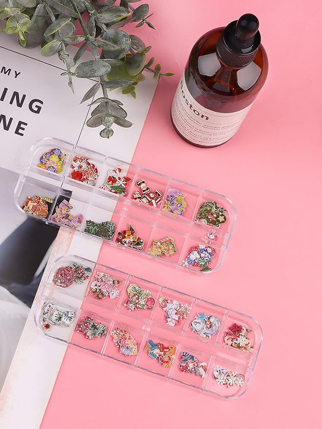 Kalolary 2 Boxes Christmas Nail Art Sequins Sticker, 3D Santa Claus Snowflake Elk Decals for Acrylic Nails, Christmas Tree Wood Pulp Glitter Flakes for Winter Nail Art Decorations