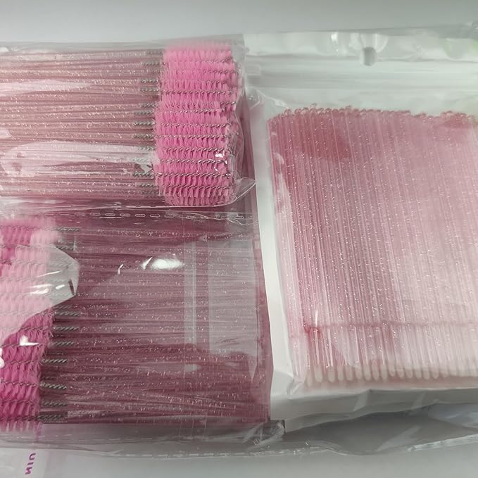 (400+300 Pieces) Pink Crystal Handle - 400 Cotton Swabs + 300 Brushes for Lash Extensions, Makeup (Simple Packaging)-(Crystal Pink)