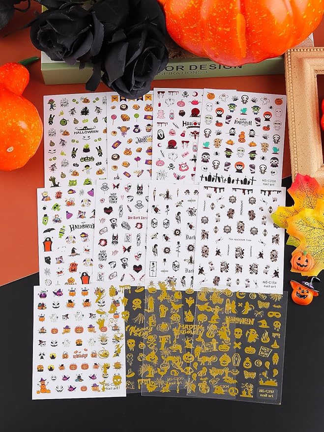Halloween Nail Art Stickers Decals, Kalolary Self-Adhesive DIY Nail Sticker Decals 3D Design Nail Decorations for Halloween Party Include Pumpkin/Bat/Ghost/Witch(12 Sheets)