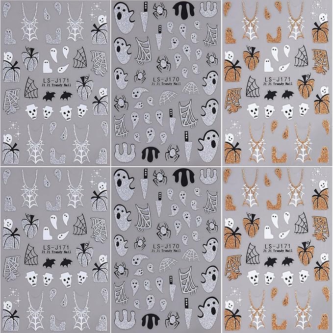 Halloween Nail Stickers Glitter Ghosts Pumpkins Spider Web Nail Decals 6PCS Self-Adhesive Halloween Nails Design Sticker Fall Nail Accessories Holiday Nail Art Supplies for Women Manicure Accessories