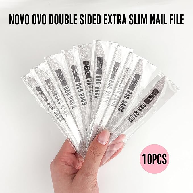 NOVO OVO Thin Nail File 10 PCS Professional Double Sided Extra Slim,Reusable,Emery Board(100/180 Grit) Nail Styling Tools for Home and Salon,Manicure Pedicure Tool and Nail Buffering Files
