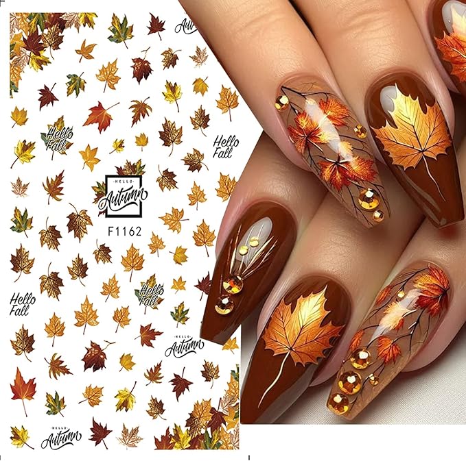 6pcs/Set Fall Maple Leaf Flower Nail Stickers for Nail Art Autumn Pumpkin Self-Adhesive Nail Decal 3D Floral & Leaves Design Nail Accessories Slider Thanksgiving DIY Manicure Decoration for Women