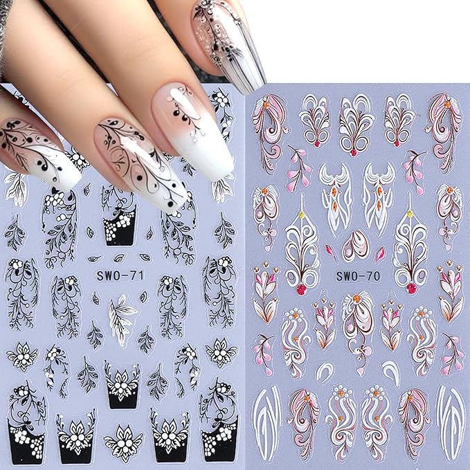 2Sheets Retro Black White Vine Flowers Nail Art Stickers 3D Embossed Pink Flower Vine Designs Nail Decals Self-Adhesive Floral Leaves French Nail Sticker Spring Nails Supplies for Women Nails Decor