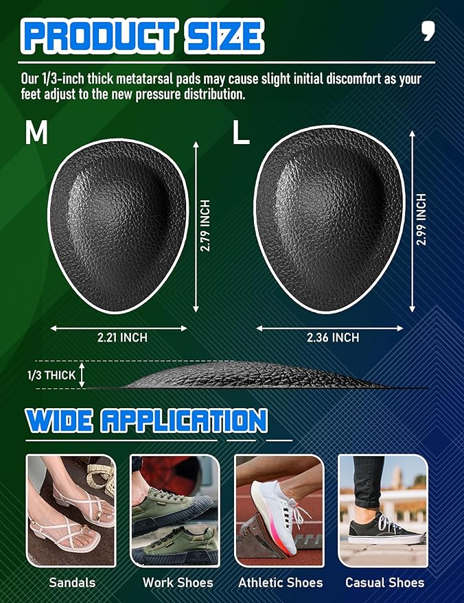 Metatarsal Pads for Men, Ball of Foot Cushions for Pain Relief, Comfortable Forefoot Support for Metatarsalgia and Morton's Neuroma, 1/3 Inch Thick Self-Adhesive Foot Pads, 2 Pairs L