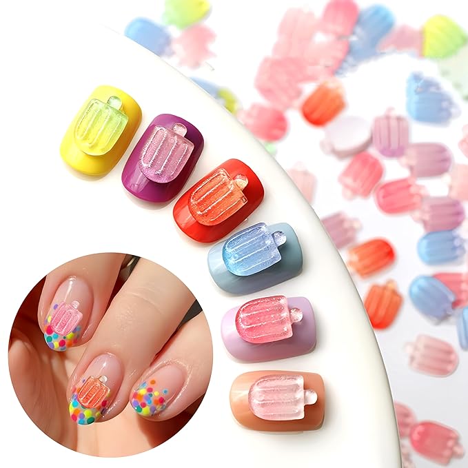 50Pcs Summer Colorful Ice Cream Nail Art Charms Kawaii Nail Charms for Acrylic Nails Mini Ice Lolly Summer Flatback Nail Rhinestones for Women Nails DIY Nail Supplies Cute Nail Art Craft Accessories