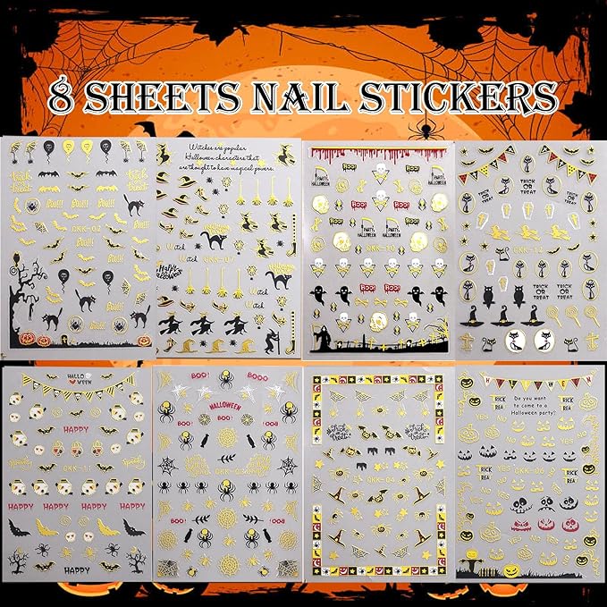 8Pcs Halloween Nail Stickers Spider Web Nail Decals Gold DIY Self Adhesive Ghost Cobweb Nail Design Halloween Nail Decoration Supplies Holiday Manicure Accessories for Women Girls