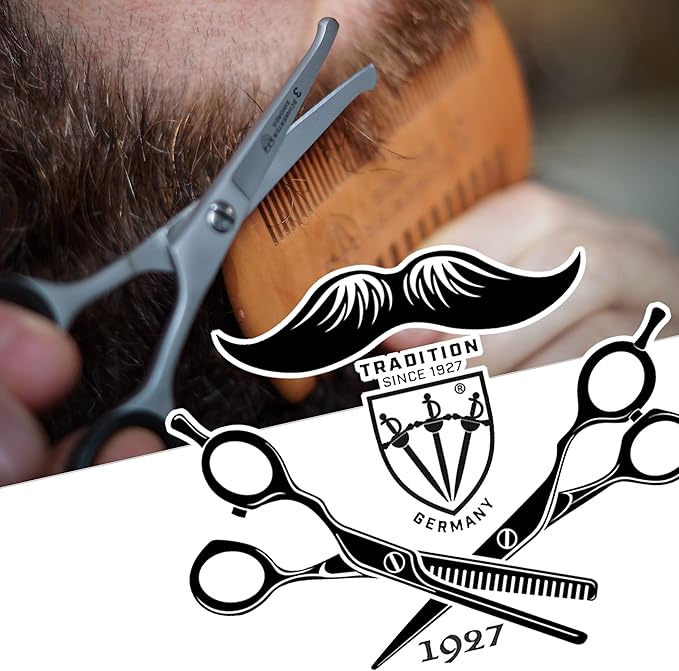 3 Swords Germany – professional BEARD MUSTACHE HAIR SCISSORS with BEARD COMB, stainless steel, straight blade, sharp, with black case