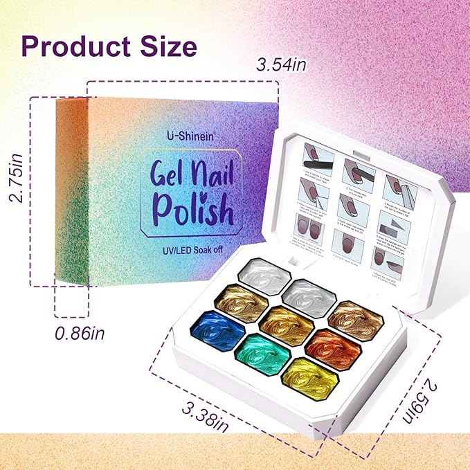 Gradient Painting Gel, 9 Colors Ombre Gel Nail Polish Gold Silver Metallic Effect Pigment Pat Aura Nails French Manicure Soak Off UV Long-lasting Home Salon DIY Nail Art Satin Metal(01)