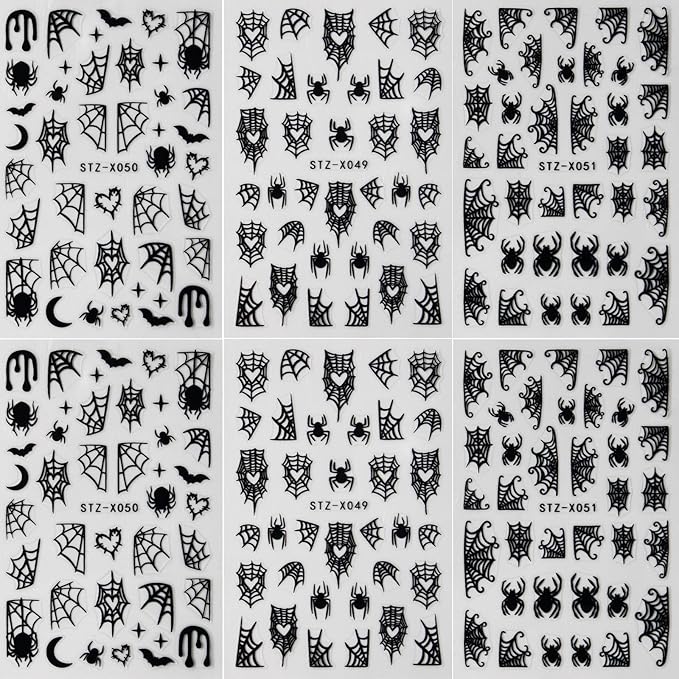 6Pcs Spider Web Halloween Nail Stickers Spider Nail Decals Self Adhesive Black Cobweb Spider Nail Design Stickers Halloween Nail Decoration Supplies Holiday Manicure Accessories for Women