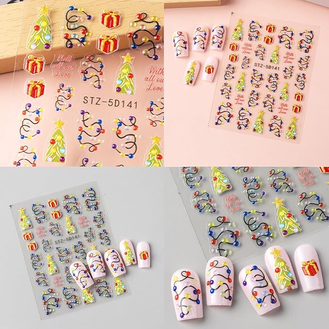 2 Sheets Embossed Christmas Nail Stickers for Nail Art New Year Colorful Light Strips Nail Art Stickers Winter Christmas Tree Nail Decals 5D Self-Adhesive Xmas Gift Box Nail Decoration for Women