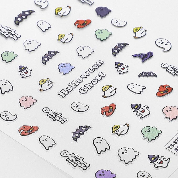 Halloween Nail Stickers for Nail Art - Cute Ghost Nail Art Sticker Halloween Bat Witch Hat 5D Embossed Nail Decals Self-Adhesive Nails Supply Manicure Stickers for Nails Decoration